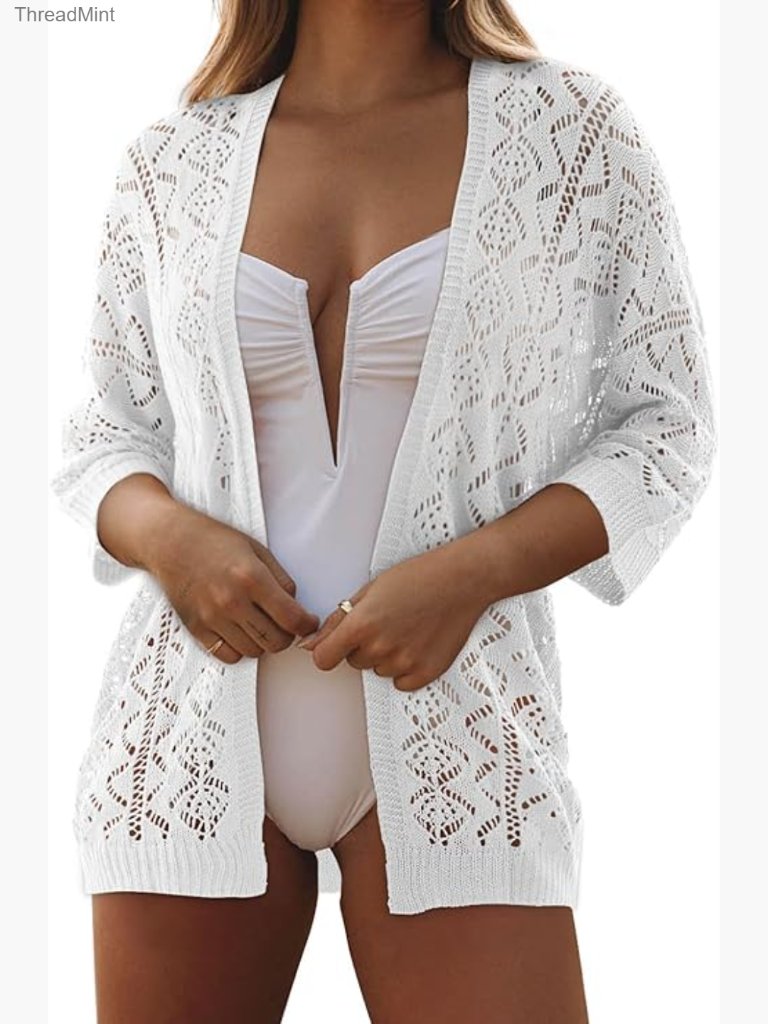 Women Crochet Cardigan 3/4 Sleeve Open Front Beach Coverup Lightweight Knit